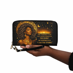 Black Woman Empowerment Wallet with Strap, “I Am the Storm” Art Bag, Afro Queen Tote Purse, African American Woman Gift, Motivational Statement Wallet