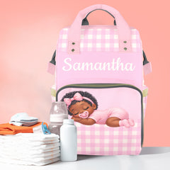 Personalized African American Girl Baby Diaper Bag Backpack – Custom Baby Name Diaper Bag, Multifunction Mommy Bag, Black Baby Gift