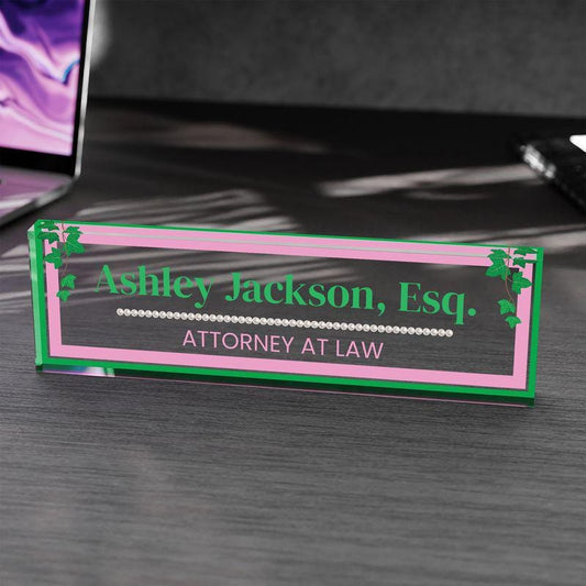 Personalized Acrylic Desk Name Plaque – Office Name Plate with Title | Pink & Green Ivy Sign | Soror Gift