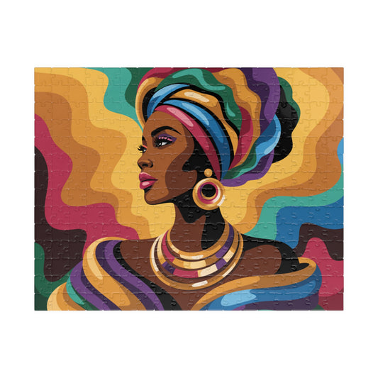 African Queen Art Puzzle — Colorful Headwrap Portrait Jigsaw (110–520 pcs)