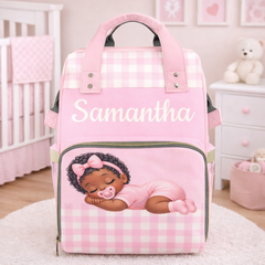 Personalized African American Girl Baby Diaper Bag Backpack – Custom Baby Name Diaper Bag, Multifunction Mommy Bag, Black Baby Gift