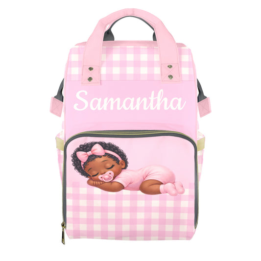 Personalized African American Girl Baby Diaper Bag Backpack – Custom Baby Name Diaper Bag, Multifunction Mommy Bag, Black Baby Gift