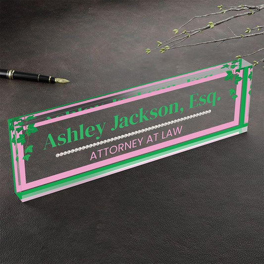 Personalized Acrylic Desk Name Plaque – Office Name Plate with Title | Pink & Green Ivy Sign | Soror Gift