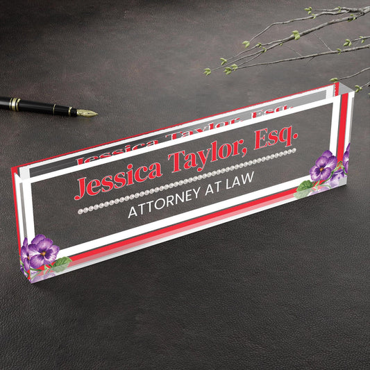 Personalized Sorority Inspired Acrylic Desk Name Plaque, Office Name Plate with Title, Red & White Sign, Soror Gift