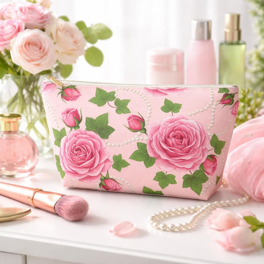 Pink Ivy & Pearls Cosmetic Bag | Sorority Inspired Floral Accessory Pouch | Pink and Green Makeup Bag | Travel Toiletry Organizer